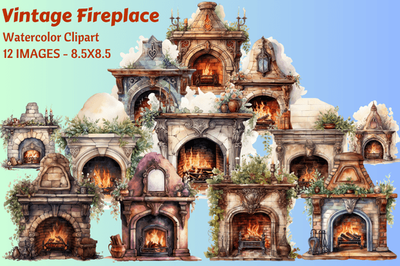 Download Vintage Fireplace Watercolor Clipart - Premium Resources