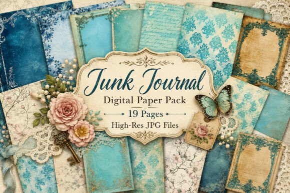Download Vintage Blue Damask Junk Journal Paper - Vintage Collection