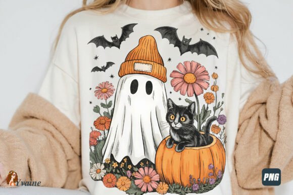 Download Vintage Floral Ghost &amp; Cat Halloween PNG - Vintage Collection