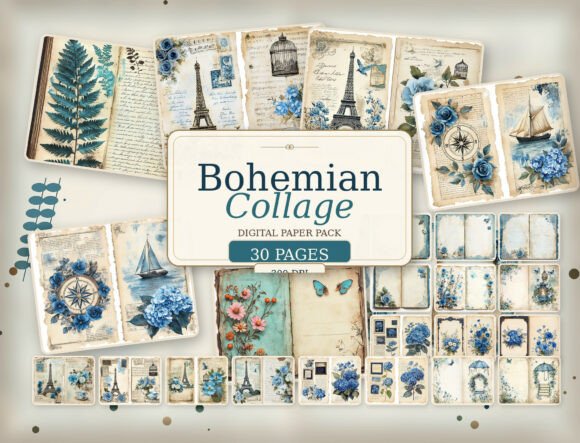 Download Vintage Blue Floral Journal Digital Pape - Vintage Collection
